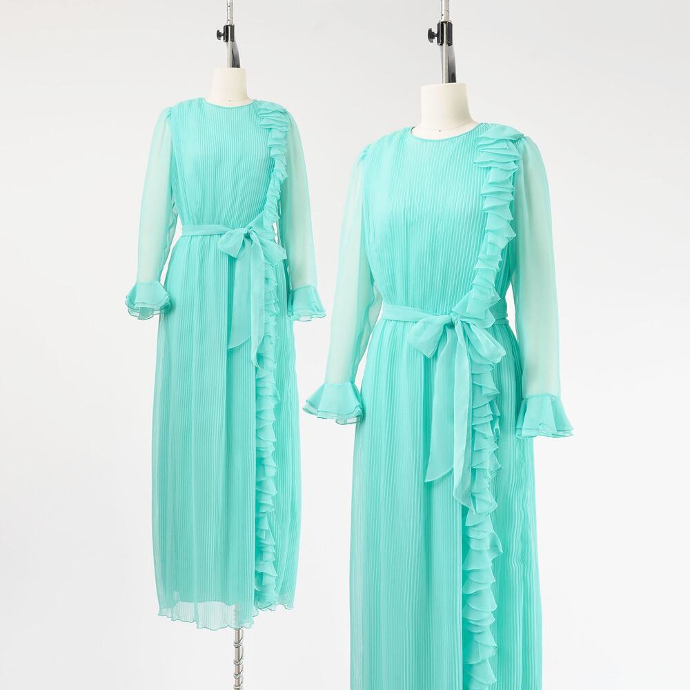 Vintage 70s Seafoam Green Accordion Pleat Maxi Dress Sheer Ruffle Formal S M